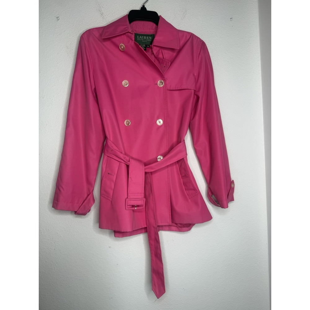 Lauren Ralph Lauren Fushia Trench Coat Belted Size PM Preppy Lightweight